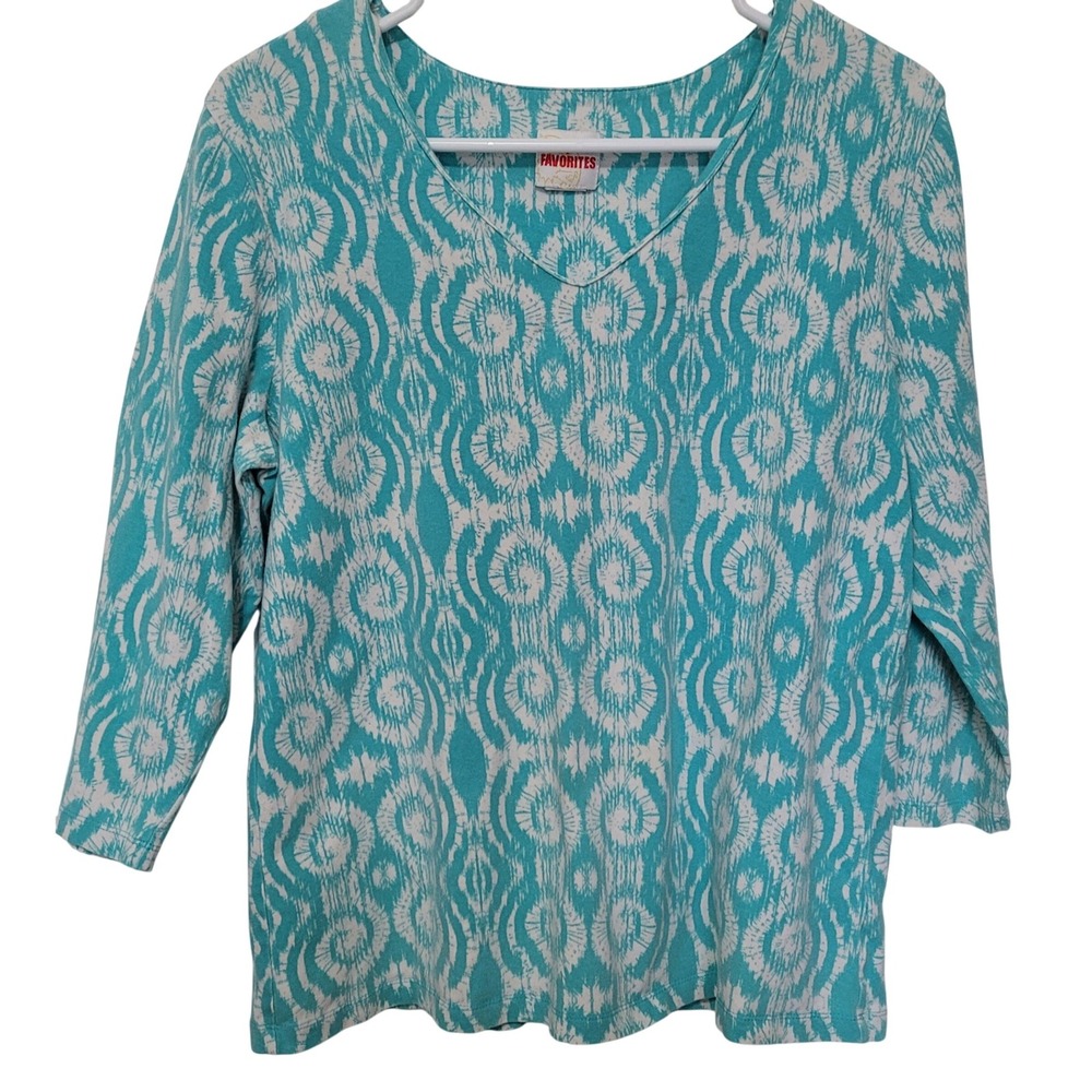 Ruby Rd. Favorites Womens Teal Ikat Abstract Boho V-Neck 3/4 Sleeve Top Large